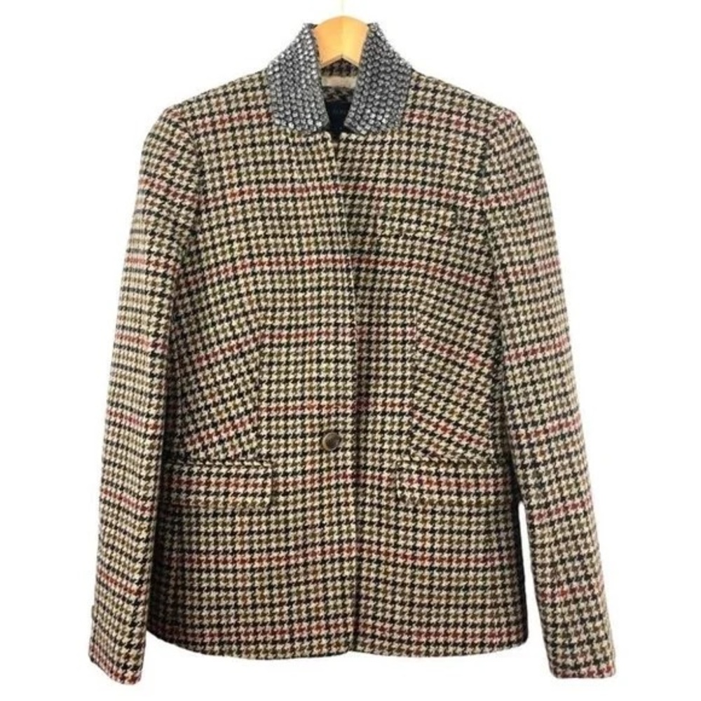 Jcrew regent dogtooth riding blazer with studded collar detail